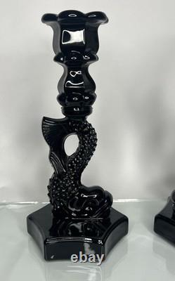 PAIR of Vintage Westmoreland Opaque Black Glass Koi Fish Candle Holders 9.75