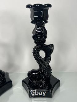PAIR of Vintage Westmoreland Opaque Black Glass Koi Fish Candle Holders 9.75