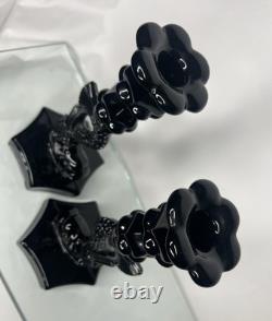 PAIR of Vintage Westmoreland Opaque Black Glass Koi Fish Candle Holders 9.75