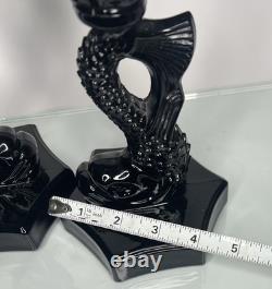 PAIR of Vintage Westmoreland Opaque Black Glass Koi Fish Candle Holders 9.75