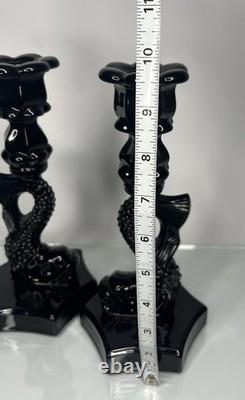 PAIR of Vintage Westmoreland Opaque Black Glass Koi Fish Candle Holders 9.75