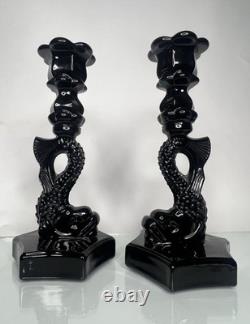PAIR of Vintage Westmoreland Opaque Black Glass Koi Fish Candle Holders 9.75