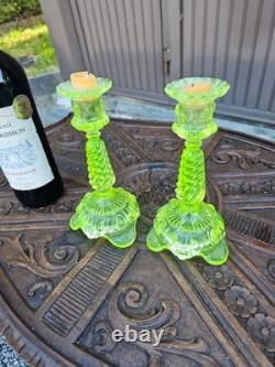 PAIR vintage uranium glass candlestick candle holders