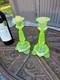 Pair Vintage Uranium Glass Candlestick Candle Holders
