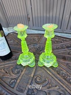 PAIR vintage uranium glass candlestick candle holders