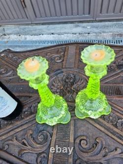 PAIR vintage uranium glass candlestick candle holders
