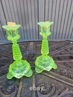 PAIR vintage uranium glass candlestick candle holders