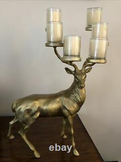 POTTERY BARN GOLD STAG VOTIVE CANDLEHOLDER BRASS REINDEER withGLASS CANDLEHOLDERS
