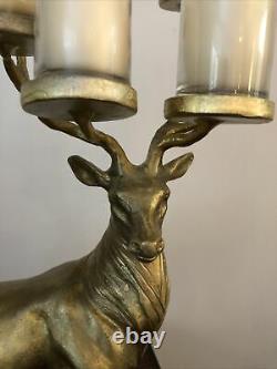 POTTERY BARN GOLD STAG VOTIVE CANDLEHOLDER BRASS REINDEER withGLASS CANDLEHOLDERS