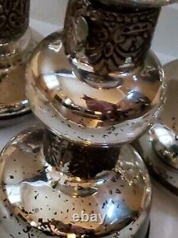 POTTERY BARN Madeline 3 Candlestick Holders Mercury Glass Iron Silver RARE SET