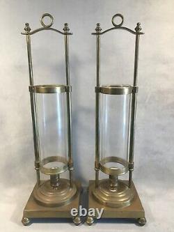 PV04892 Vintage Heavy Brass Nautical 19 Candle Holder with Glass Hurricane PAIR