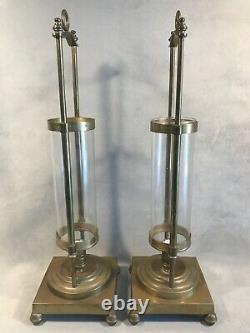 PV04892 Vintage Heavy Brass Nautical 19 Candle Holder with Glass Hurricane PAIR