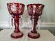 Pair 10.5 Ruby Red Bohemian Glass Cut To Clear Candlesticks Lusters With Prisms