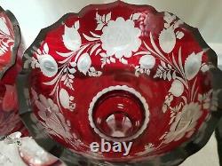 Pair 10.5 Ruby Red Bohemian Glass Cut to Clear Candlesticks Lusters with Prisms
