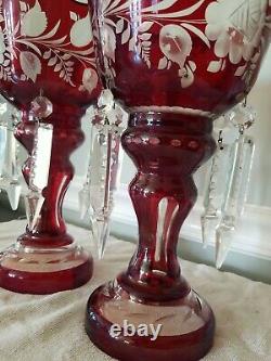 Pair 10.5 Ruby Red Bohemian Glass Cut to Clear Candlesticks Lusters with Prisms