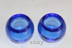 Pair 2 Glow Bug Fire & Art Glass cobalt blue candle votive holders
