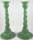 Pair (2) Rare Antique Fenton Jadite Green Glass Tall Spiral Twist Candlesticks