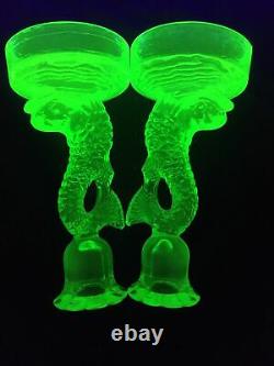 Pair (2) Uranium Glass Koi Fish Candlesticks Candle Holders RARE Circular Base