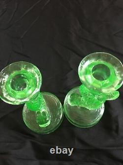Pair (2) Uranium Glass Koi Fish Candlesticks Candle Holders RARE Circular Base
