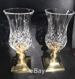Pair 2 Waterford LISMORE Crystal & Brass Hurricane Candle Holder Holders