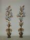 Pair 32 French Brass Mantle Garnitures With Milk Glass Lilies Flowers Floral Ur