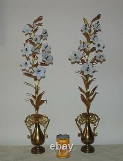 Pair 32 French Brass Mantle Garnitures with Milk Glass Lilies Flowers Floral Ur
