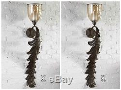 Pair 52 Bronze Metal Leaf Glass Cup Wall Sconce Candle Holder Vintage Tuscan
