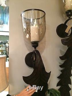 Pair 52 Bronze Metal Leaf Glass Cup Wall Sconce Candle Holder Vintage Tuscan