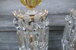 Pair Antique Baccarat Olive Green & Gold Candle Holder Lustre Crystal 14 H