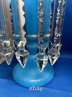 Pair Antique Blue Hand Painted Mantle Lusters Lustre with Cut Glass Prisms