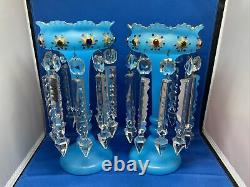 Pair Antique Blue Hand Painted Mantle Lusters Lustre with Cut Glass Prisms