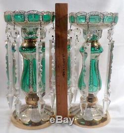 Pair Antique Bohemian Emerald Art Glass Mantle Lusters withLarge Prisms