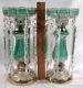 Pair Antique Bohemian Emerald Art Glass Mantle Lusters Withlarge Prisms