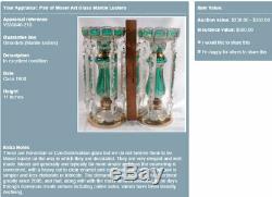 Pair Antique Bohemian Emerald Art Glass Mantle Lusters withLarge Prisms