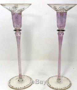 Pair Antique Bohemian Moser Amethyst Gold Gilded Glass Candlestick Candle Holder