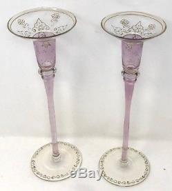 Pair Antique Bohemian Moser Amethyst Gold Gilded Glass Candlestick Candle Holder
