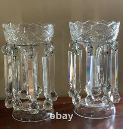 Pair Antique Cut Crystal Mantle Lusters Luster Lamp Candleholders Victorian