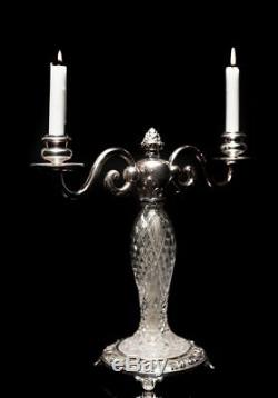Pair Antique Cut Glass & Silver Plated Two Branch Candelabra Edwardian c. 1910