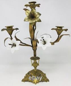 Pair Antique French Gilt Brass Church Altar Candelabras Milk Glass Floral -16H