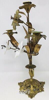 Pair Antique French Gilt Brass Church Altar Candelabras Milk Glass Floral -16H