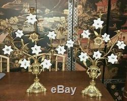 Pair Antique French Gilt Brass Church Altar Candelabras Milk Glass Floral 25t