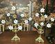 Pair Antique French Gilt Brass Church Altar Candelabras Milk Glass Floral 25t
