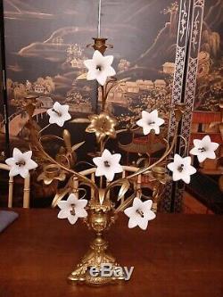 Pair Antique French Gilt Brass Church Altar Candelabras Milk Glass Floral 25t