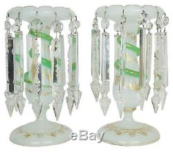 Pair Antique French Opaline Glass Lustres (Lusters) Candle Holders