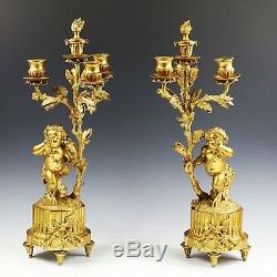 Pair Antique Louis XVI styl gilt bronze 3 light figural candelabra candleholders