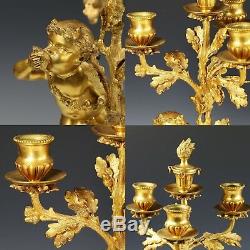 Pair Antique Louis XVI styl gilt bronze 3 light figural candelabra candleholders