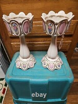 Pair Antique Mantle Porcelain Lusters Candle Holders with All 16 Glass Prisms