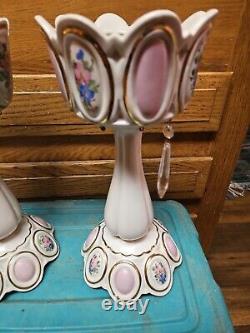 Pair Antique Mantle Porcelain Lusters Candle Holders with All 16 Glass Prisms