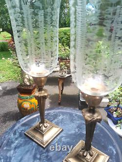 Pair Antique Monumental Hurricane Etched Glass Brass Candlestick