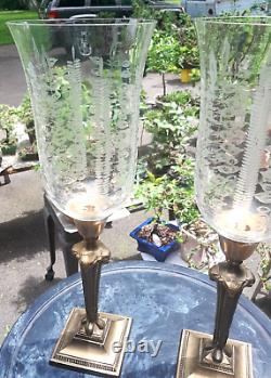 Pair Antique Monumental Hurricane Etched Glass Brass Candlestick